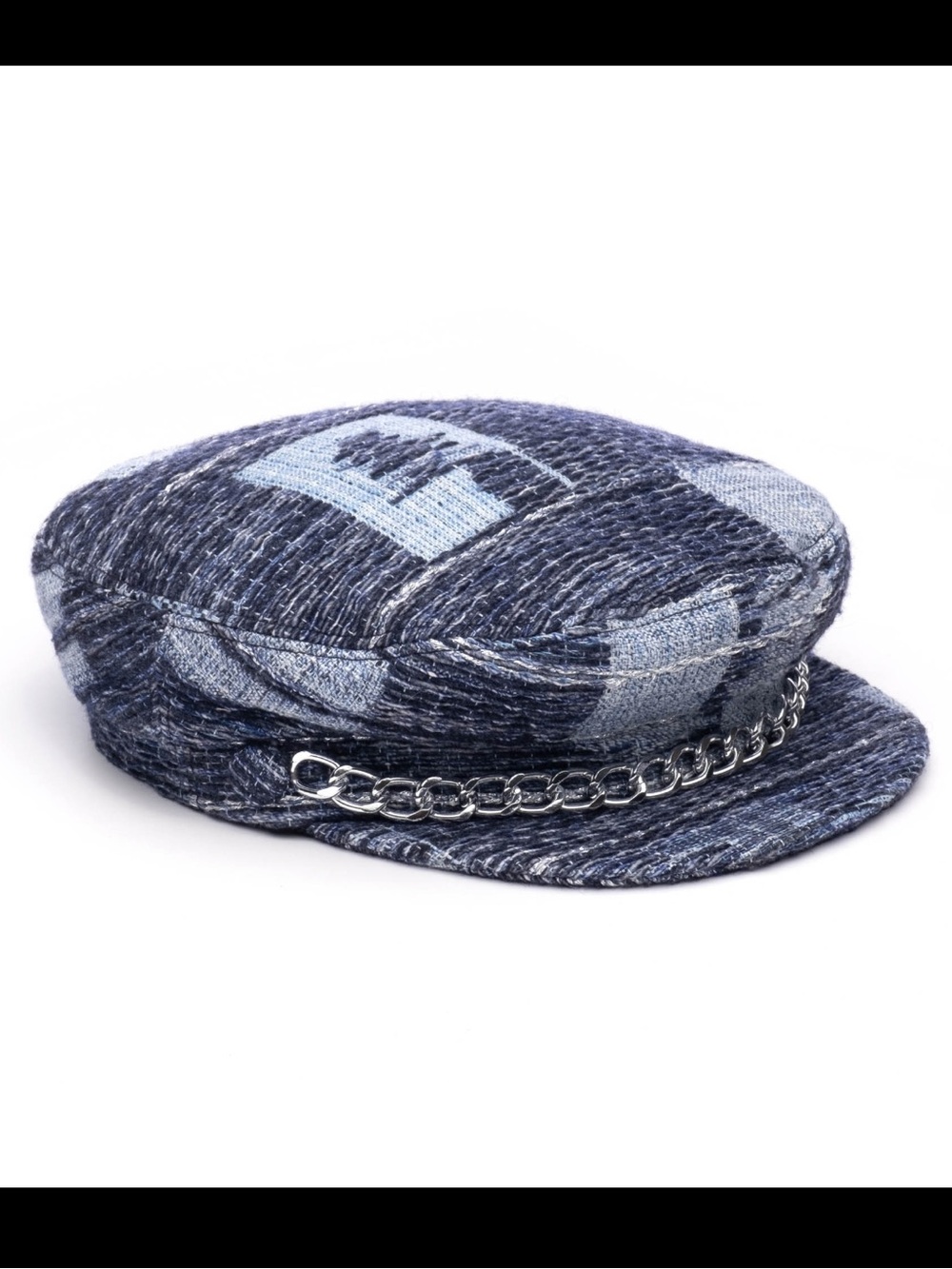 EUGENIA KIM | Women’s Navy Denim Patchwork Baker Boy Cap with SilverChain Detail